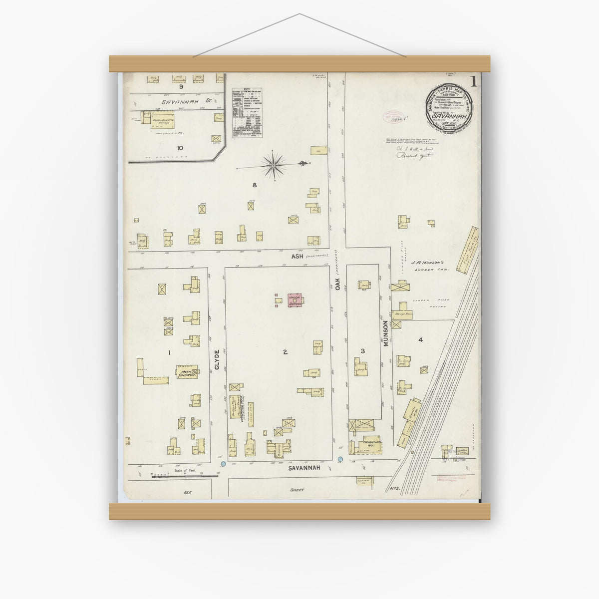 Old map wall art mockup — magnetic wood frame on white wall — Sanborn Fire Insurance Map from Savannah, Wayne County, New York (1890), Sheet #0001