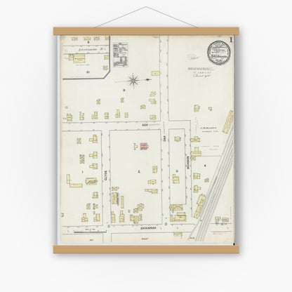 Old map wall art mockup — magnetic wood frame on white wall — Sanborn Fire Insurance Map from Savannah, Wayne County, New York (1890), Sheet #0001