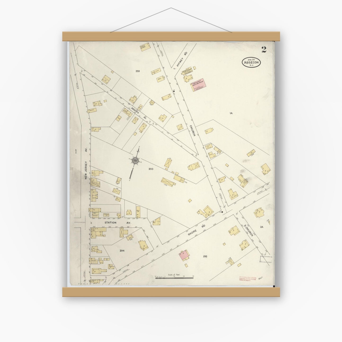 Old map wall art mockup — magnetic wood frame on white wall — Sanborn Fire Insurance Map from Absecon, Atlantic County, New Jersey (1911), Sheet #0002