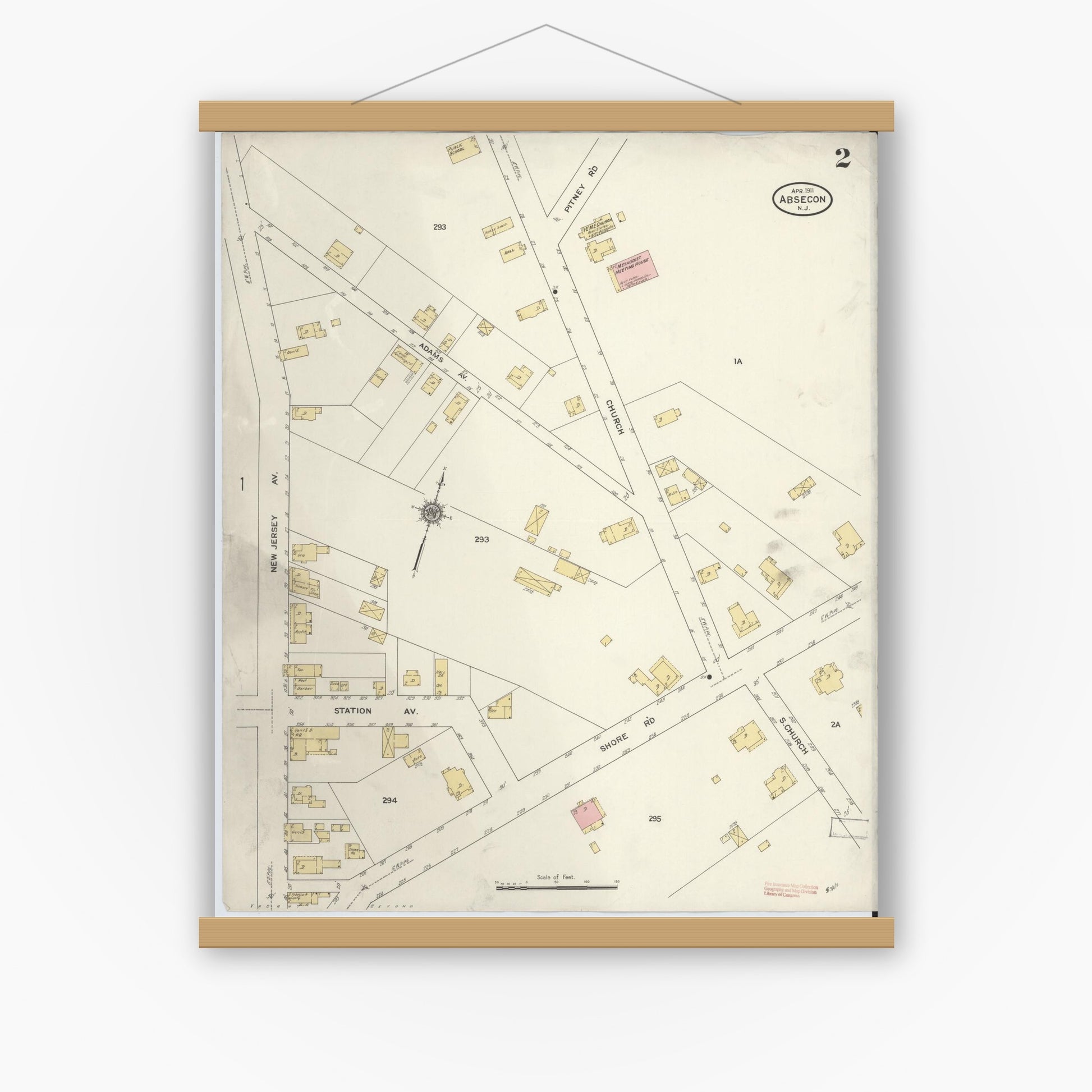 Old map wall art mockup — magnetic wood frame on white wall — Sanborn Fire Insurance Map from Absecon, Atlantic County, New Jersey (1911), Sheet #0002