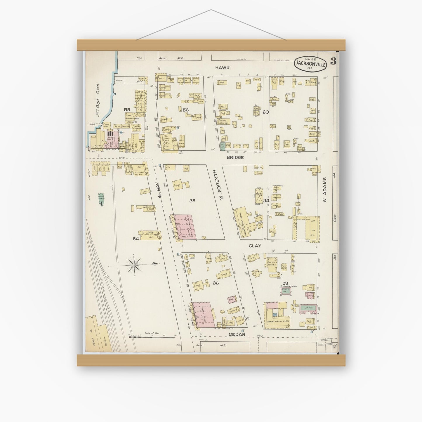 Old map wall art mockup — magnetic wood frame on white wall — Sanborn Fire Insurance Map from Jacksonville, Duval County, Florida (1887), Sheet #0003