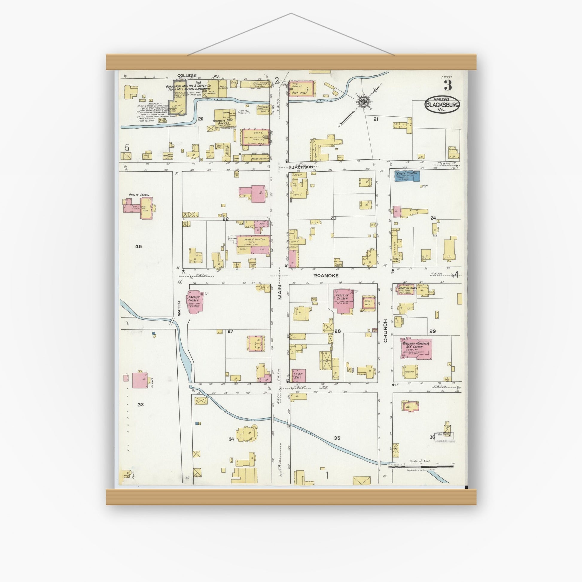 Old map wall art mockup — magnetic wood frame on white wall — Sanborn Fire Insurance Map from Blacksburg, Montgomery County, Virginia (1921), Sheet #0003