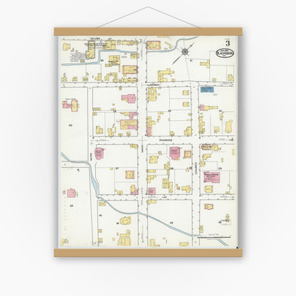 Old map wall art mockup — magnetic wood frame on white wall — Sanborn Fire Insurance Map from Blacksburg, Montgomery County, Virginia (1921), Sheet #0003