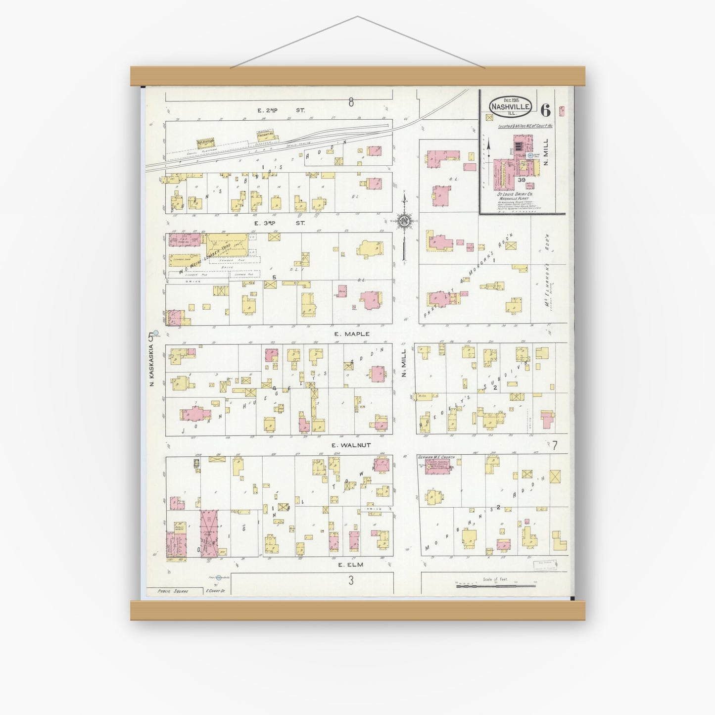 Old map wall art mockup — magnetic wood frame on white wall — Sanborn Fire Insurance Map from Nashville, Washington County, Illinois (1915), Sheet #0006