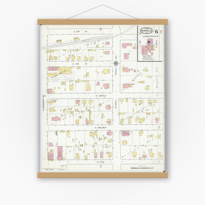 Old map wall art mockup — magnetic wood frame on white wall — Sanborn Fire Insurance Map from Nashville, Washington County, Illinois (1915), Sheet #0006