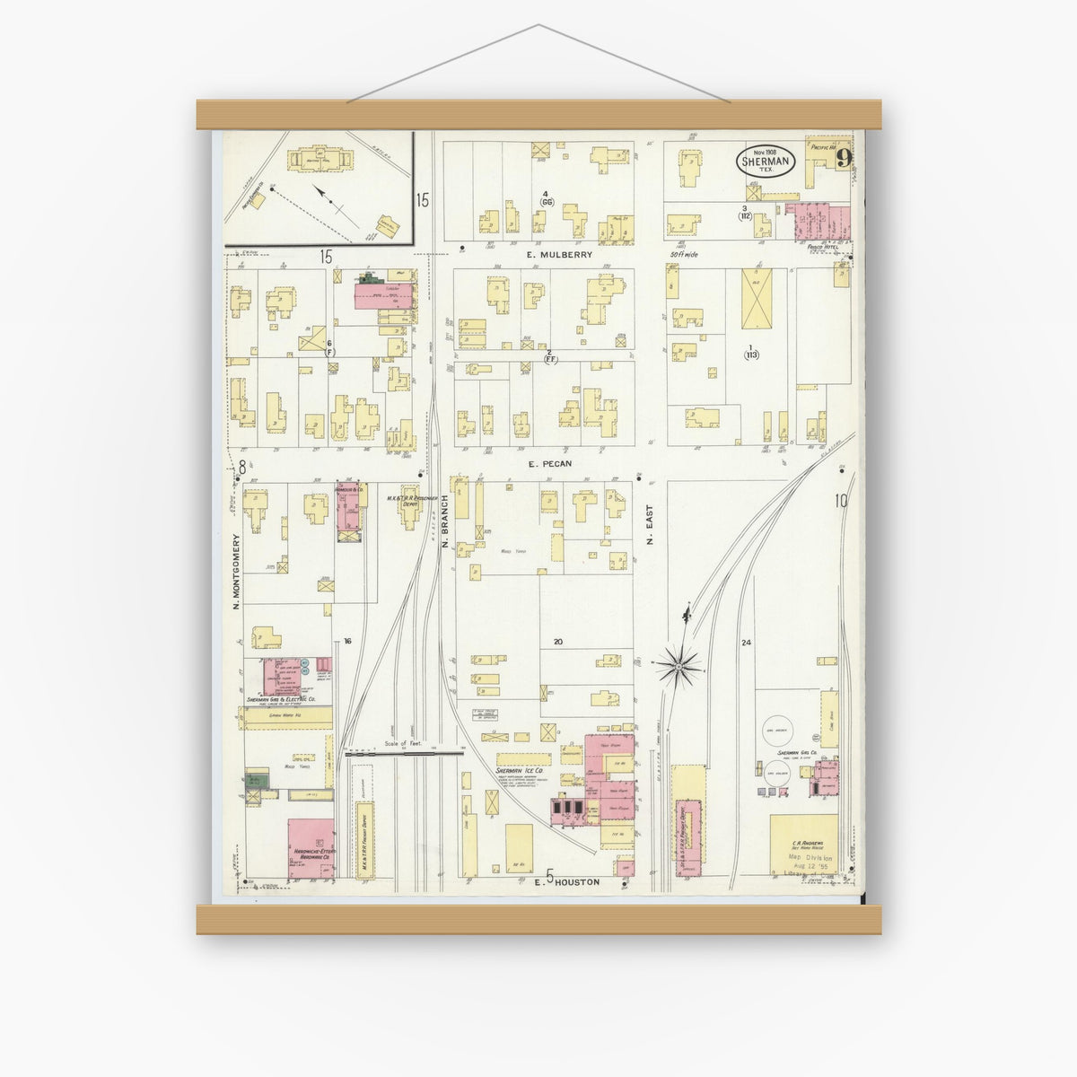 Old map wall art mockup — magnetic wood frame on white wall — Sanborn Fire Insurance Map from Sherman, Grayson County, Texas (1908), Sheet #0009