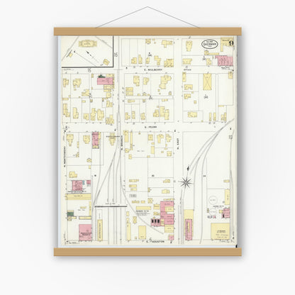 Old map wall art mockup — magnetic wood frame on white wall — Sanborn Fire Insurance Map from Sherman, Grayson County, Texas (1908), Sheet #0009