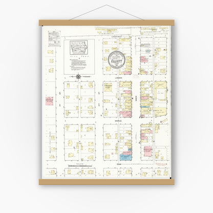 Old map wall art mockup — magnetic wood frame on white wall — Sanborn Fire Insurance Map from Elliott, Montgomery County, Iowa (1914), Sheet #0001