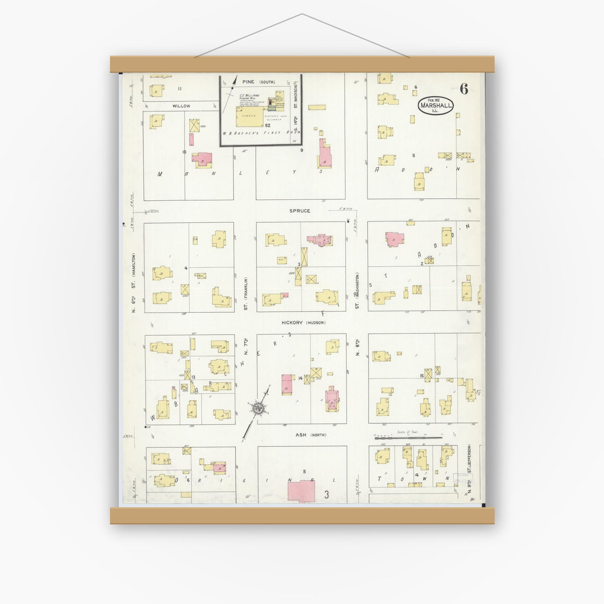 Old map wall art mockup — magnetic wood frame on white wall — Sanborn Fire Insurance Map from Marshall, Clark County, Illinois (1912), Sheet #0006