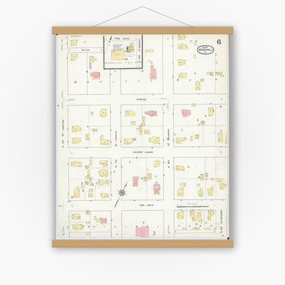 Old map wall art mockup — magnetic wood frame on white wall — Sanborn Fire Insurance Map from Marshall, Clark County, Illinois (1912), Sheet #0006