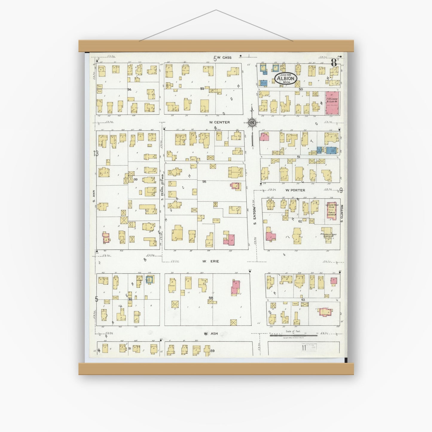 Old map wall art mockup — magnetic wood frame on white wall — Sanborn Fire Insurance Map from Albion, Calhoun County, Michigan (1918), Sheet #0008