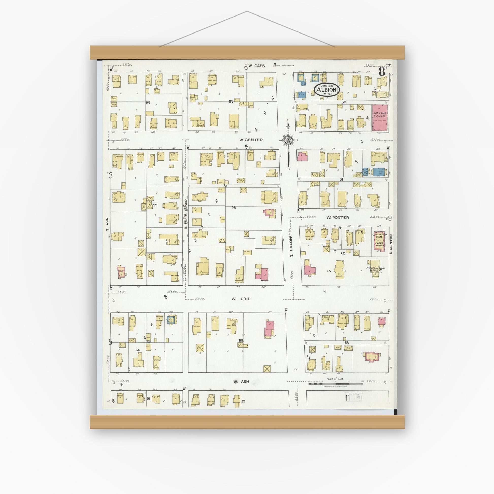 Old map wall art mockup — magnetic wood frame on white wall — Sanborn Fire Insurance Map from Albion, Calhoun County, Michigan (1918), Sheet #0008