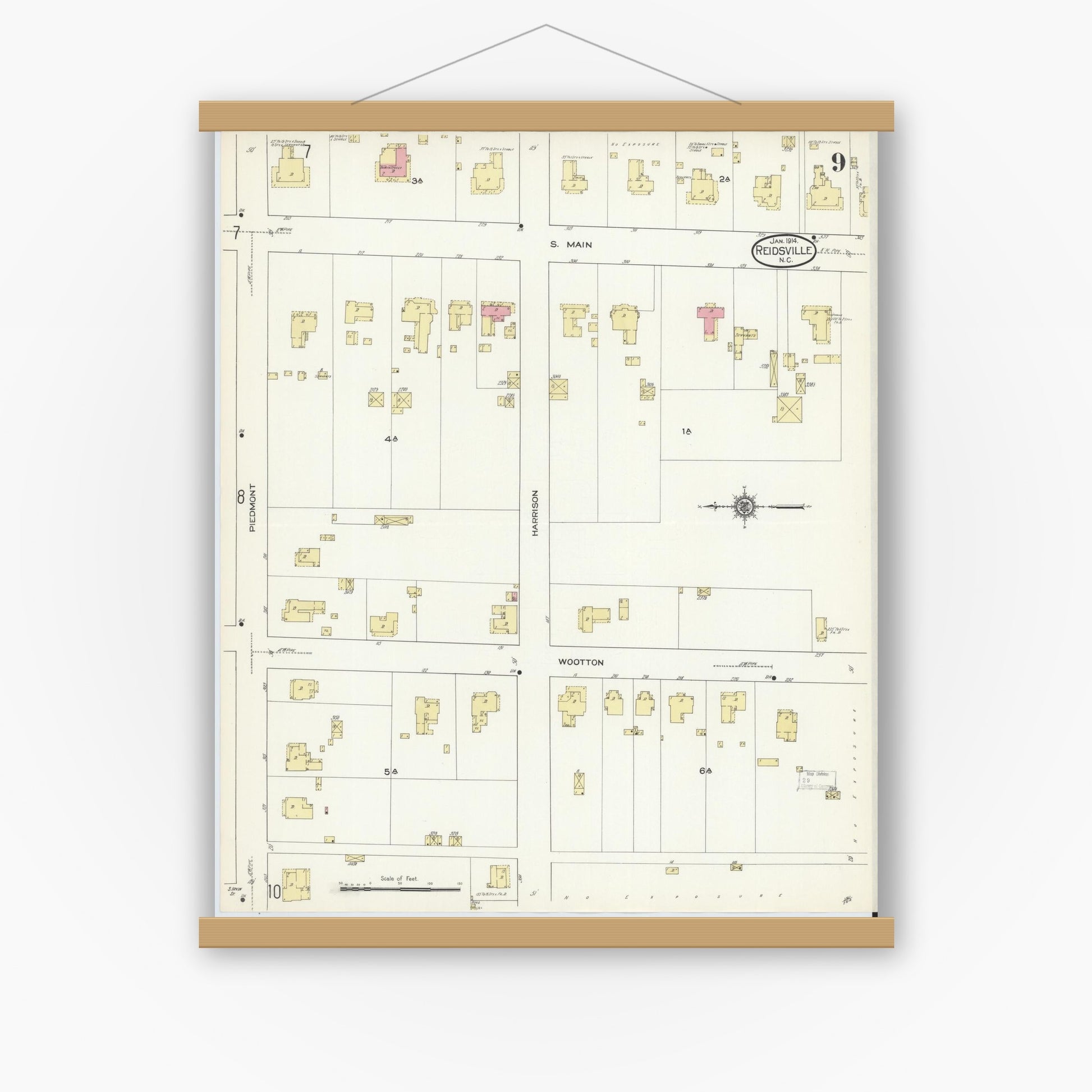 Old map wall art mockup — magnetic wood frame on white wall — Sanborn Fire Insurance Map from Reidsville, Rockingham County, North Carolina (1914), Sheet #0009