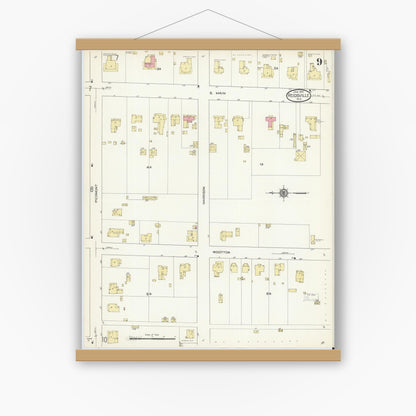 Old map wall art mockup — magnetic wood frame on white wall — Sanborn Fire Insurance Map from Reidsville, Rockingham County, North Carolina (1914), Sheet #0009