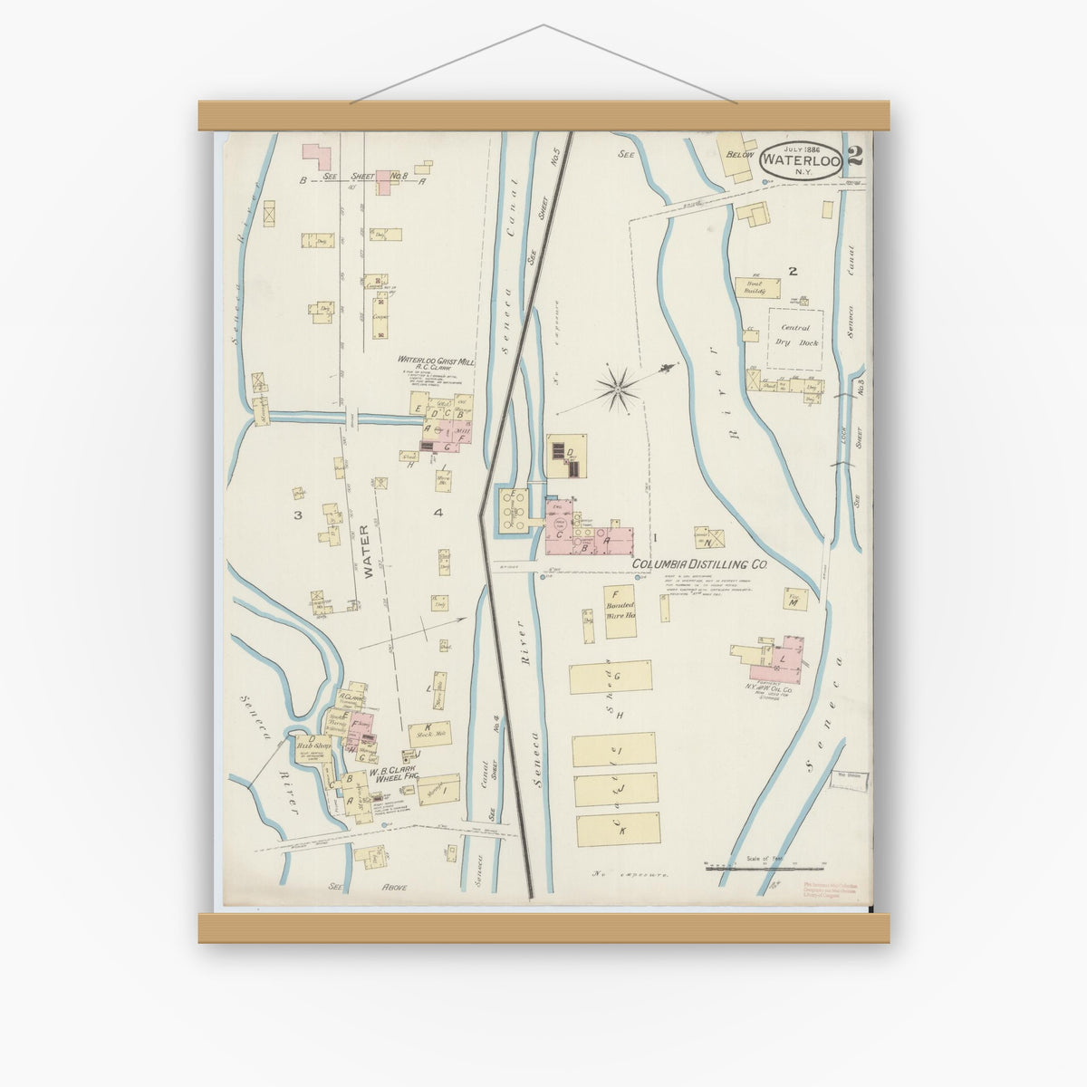 Old map wall art mockup — magnetic wood frame on white wall — Sanborn Fire Insurance Map from Waterloo, Seneca County, New York (1886), Sheet #0002