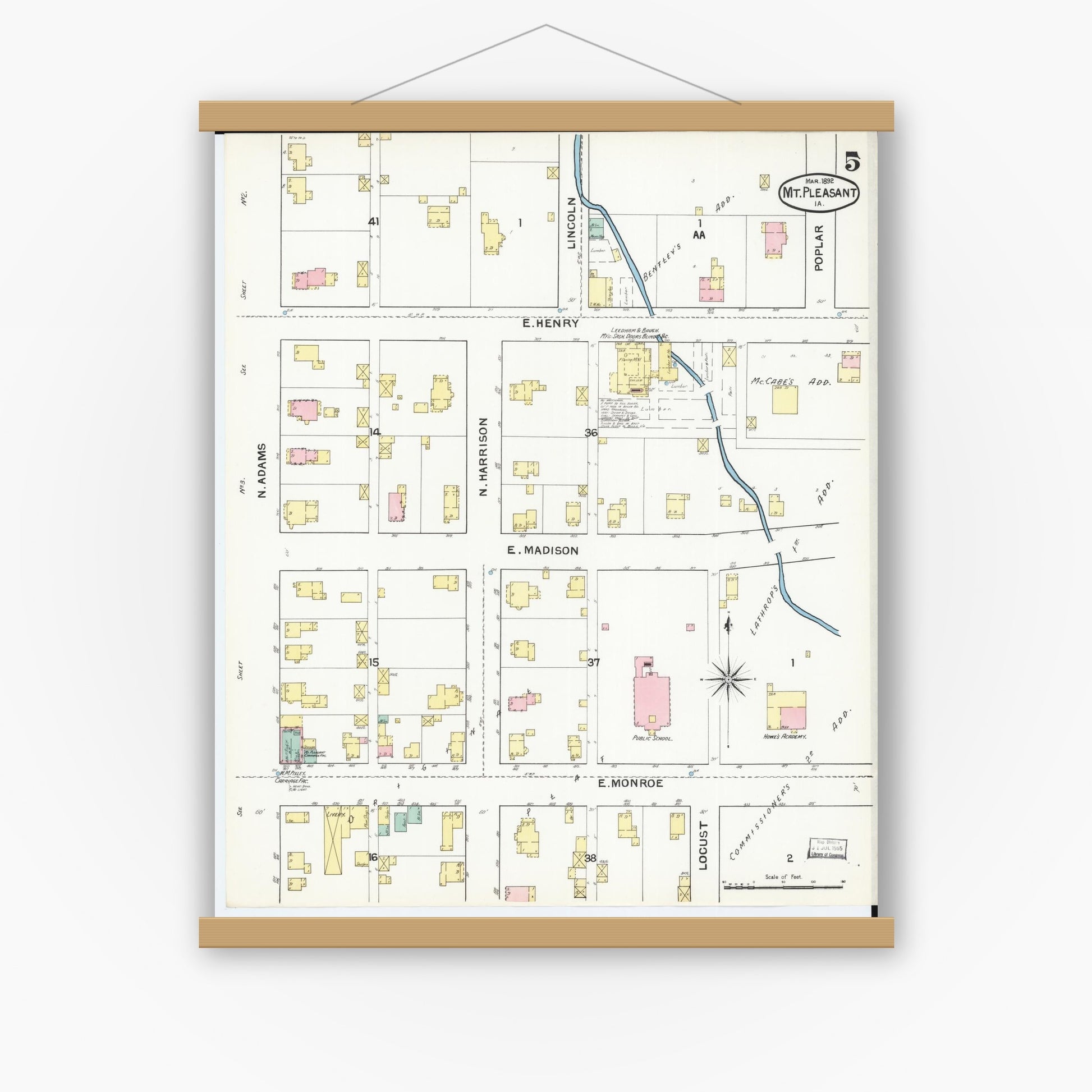 Old map wall art mockup — magnetic wood frame on white wall — Sanborn Fire Insurance Map from Mount Pleasant, Henry County, Iowa (1892), Sheet #0005