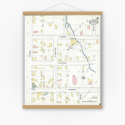 Old map wall art mockup — magnetic wood frame on white wall — Sanborn Fire Insurance Map from Mount Pleasant, Henry County, Iowa (1892), Sheet #0005
