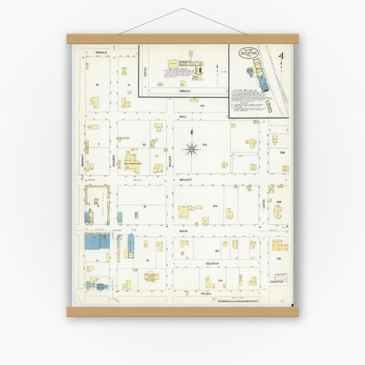 Old map wall art mockup — magnetic wood frame on white wall — Sanborn Fire Insurance Map from Decatur, Wise County, Texas (1907), Sheet #0004