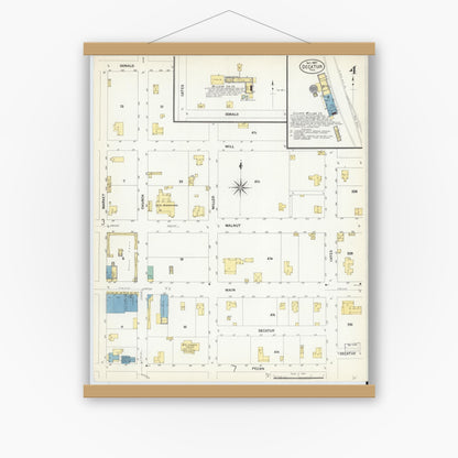 Old map wall art mockup — magnetic wood frame on white wall — Sanborn Fire Insurance Map from Decatur, Wise County, Texas (1907), Sheet #0004