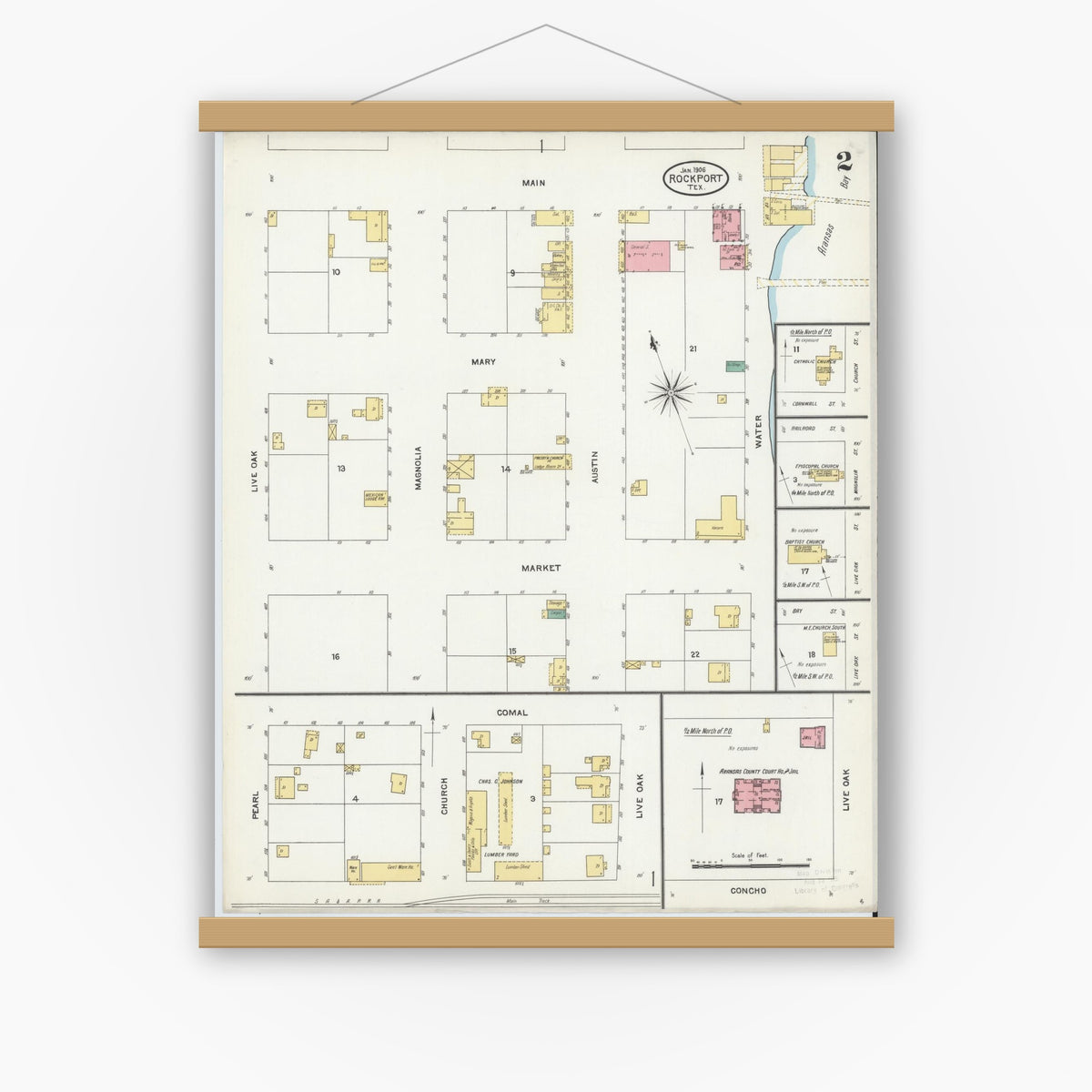 Old map wall art mockup — magnetic wood frame on white wall — Sanborn Fire Insurance Map from Rockport, Aransas County, Texas (1906), Sheet #0002