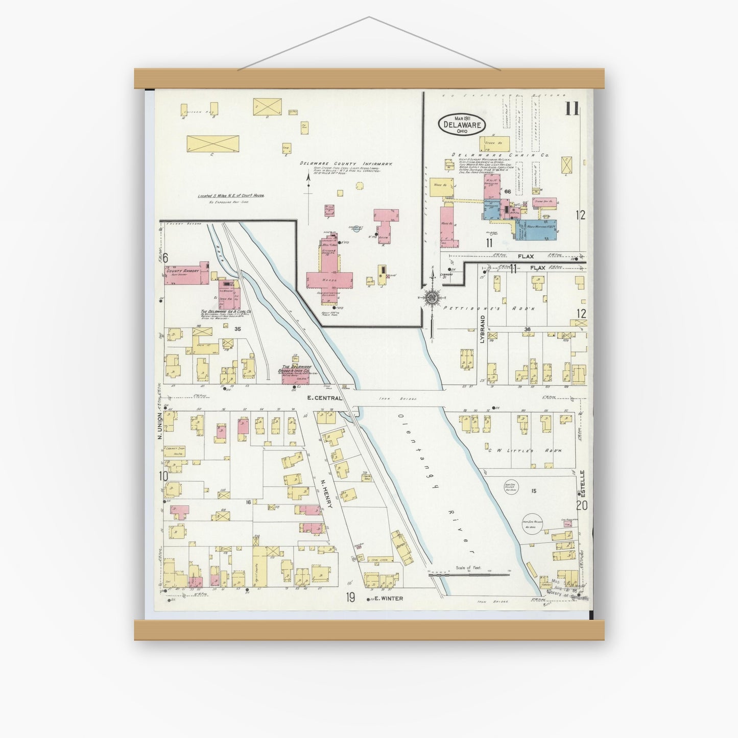 Old map wall art mockup — magnetic wood frame on white wall — Sanborn Fire Insurance Map from Delaware, Delaware County, Ohio (1911), Sheet #0011