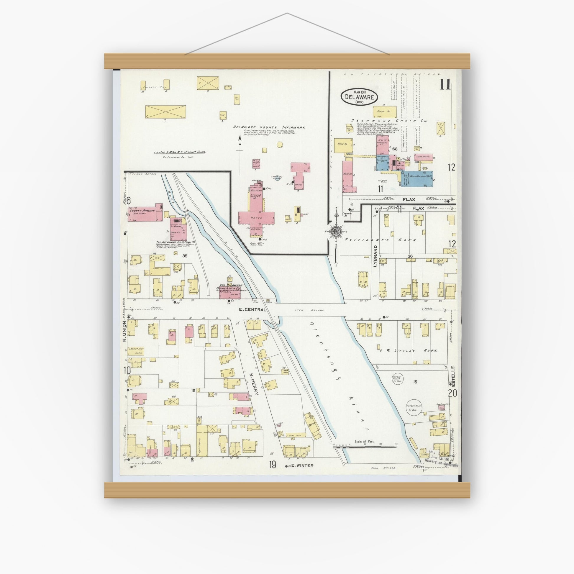 Old map wall art mockup — magnetic wood frame on white wall — Sanborn Fire Insurance Map from Delaware, Delaware County, Ohio (1911), Sheet #0011