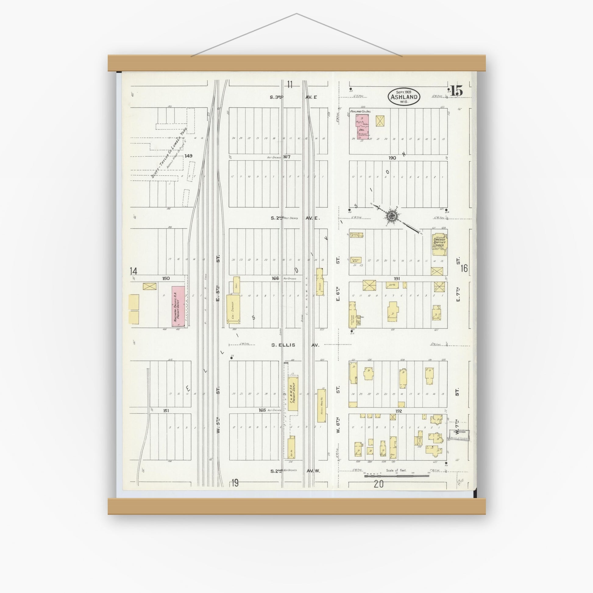 Old map wall art mockup — magnetic wood frame on white wall — Sanborn Fire Insurance Map from Ashland, Ashland County, Wisconsin (1909), Sheet #0015