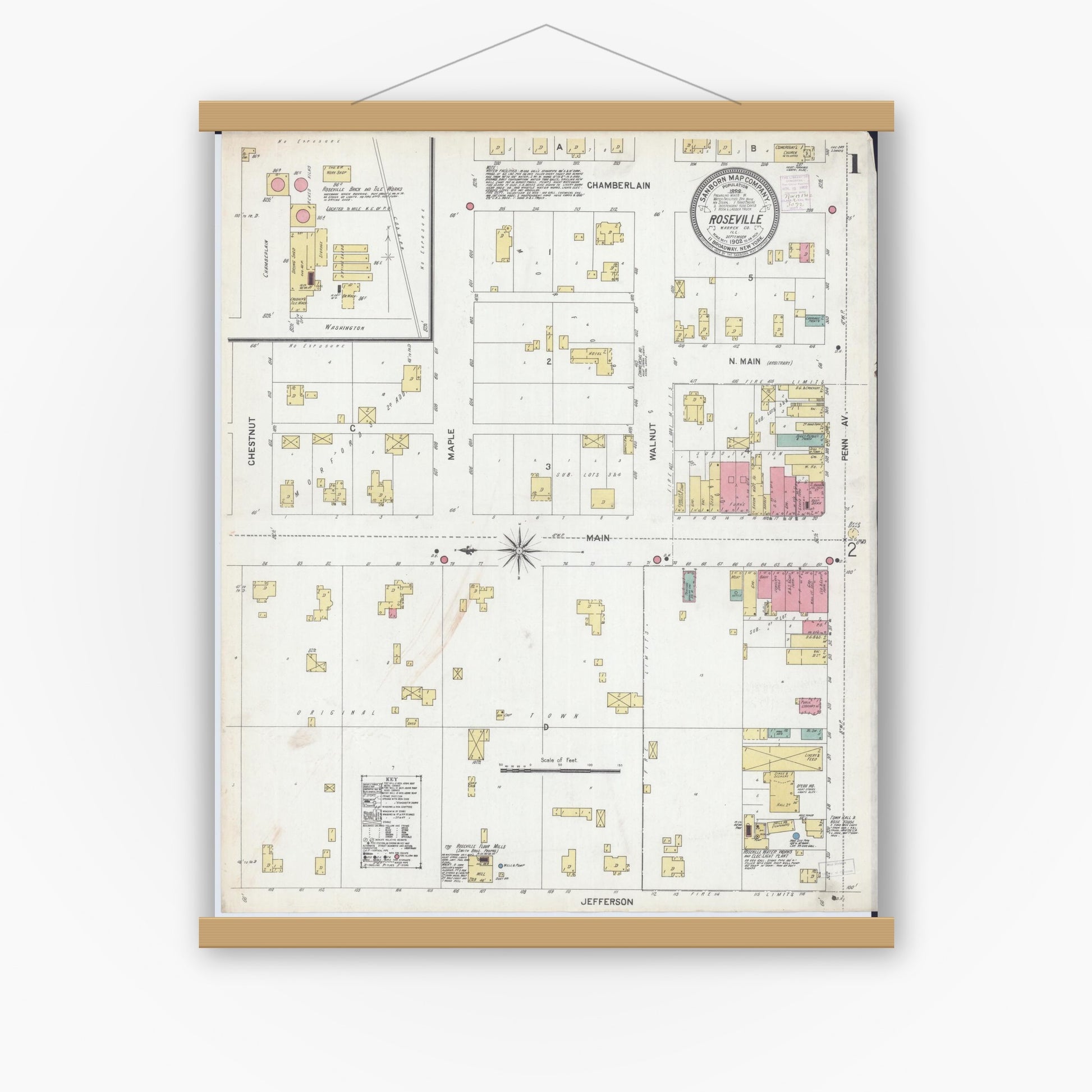 Old map wall art mockup — magnetic wood frame on white wall — Sanborn Fire Insurance Map from Roseville, Warren County, Illinois (1902), Sheet #0001