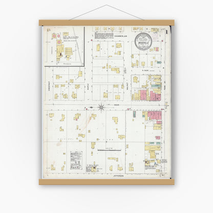 Old map wall art mockup — magnetic wood frame on white wall — Sanborn Fire Insurance Map from Roseville, Warren County, Illinois (1902), Sheet #0001