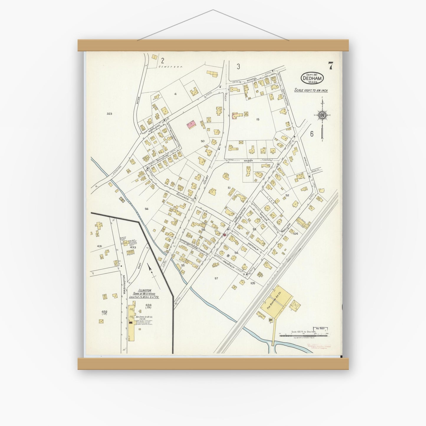 Old map wall art mockup — magnetic wood frame on white wall — Sanborn Fire Insurance Map from Dedham, Norfolk County, Massachusetts (1917), Sheet #0007