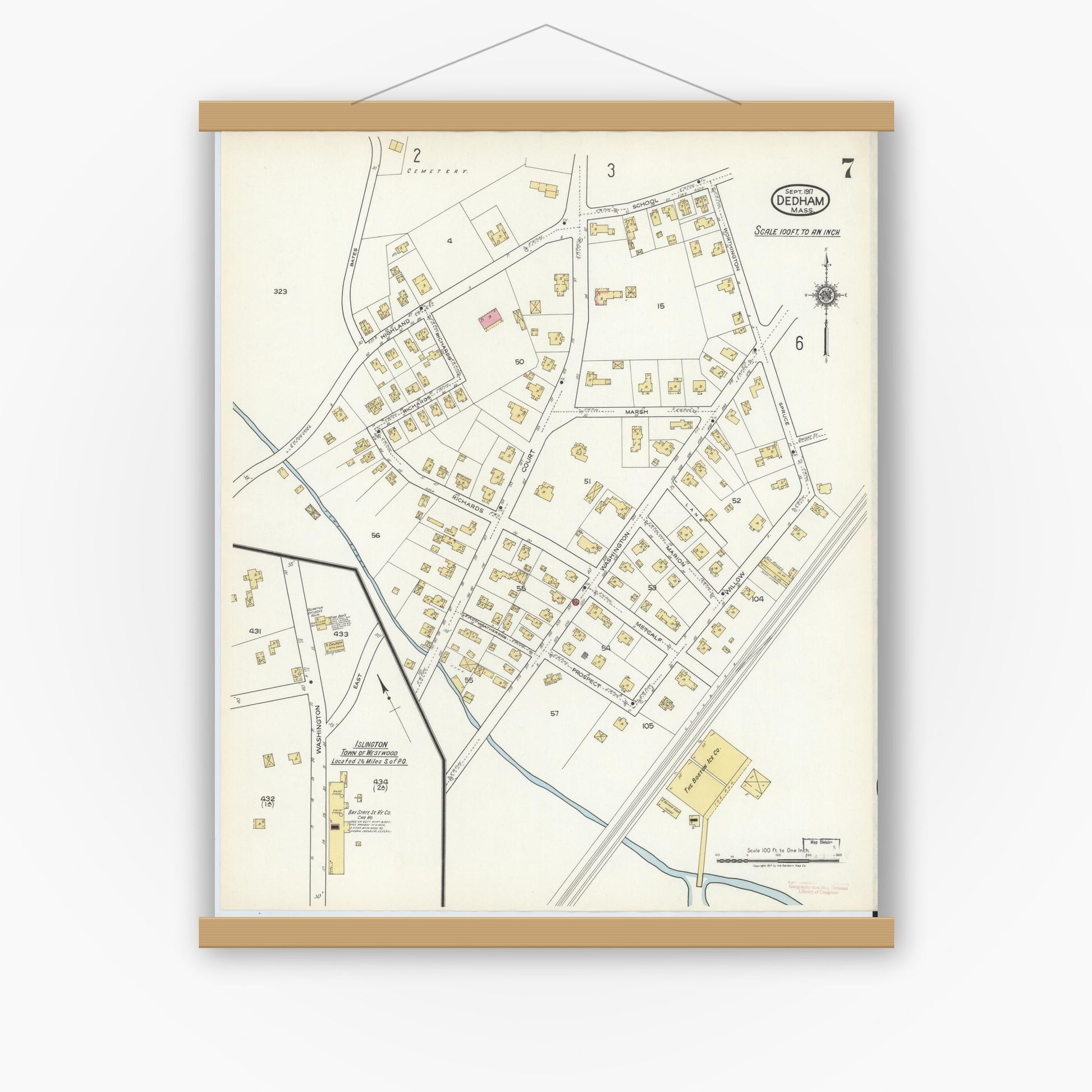 Old map wall art mockup — magnetic wood frame on white wall — Sanborn Fire Insurance Map from Dedham, Norfolk County, Massachusetts (1917), Sheet #0007