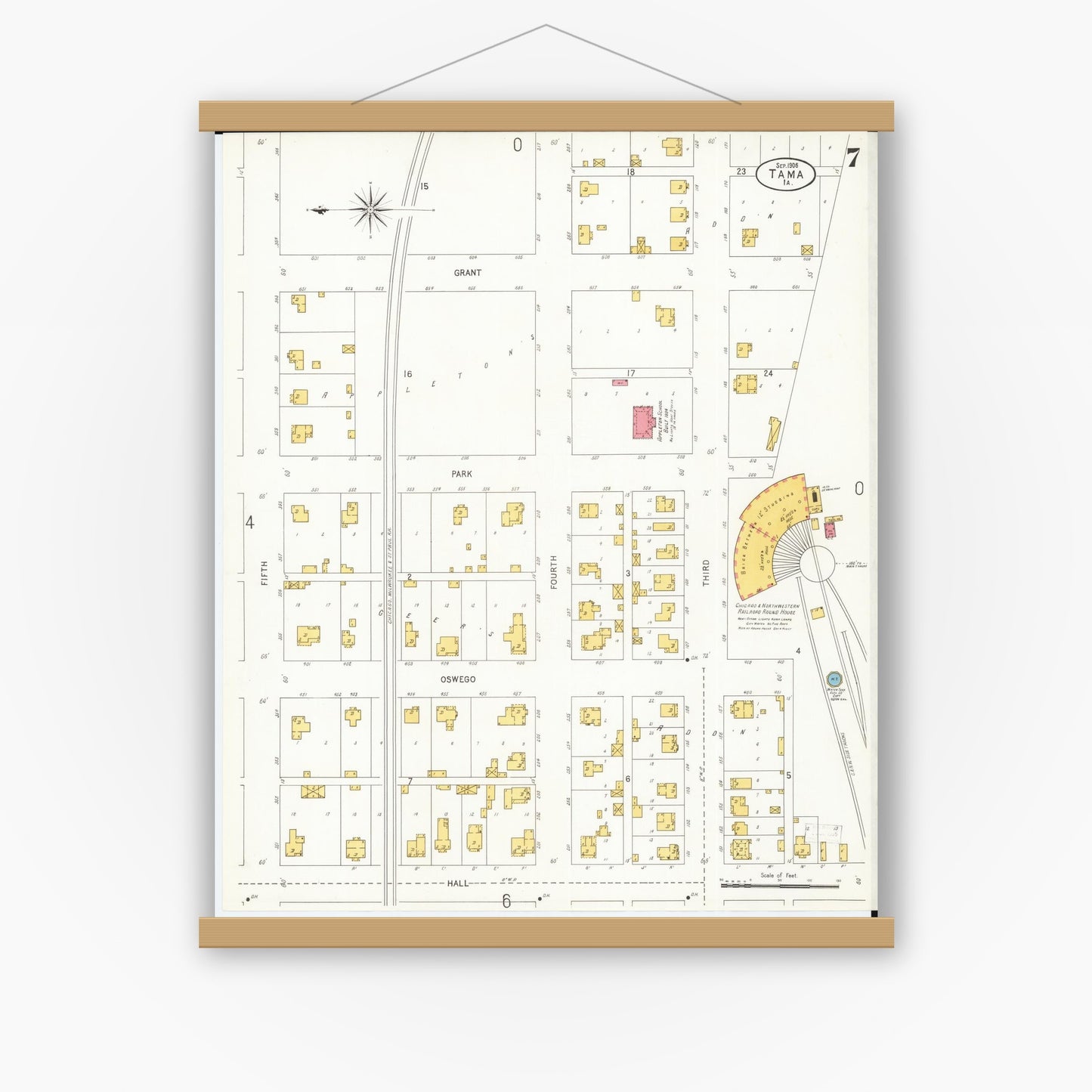 Old map wall art mockup — magnetic wood frame on white wall — Sanborn Fire Insurance Map from Tama, Tama County, Iowa (1906), Sheet #0007