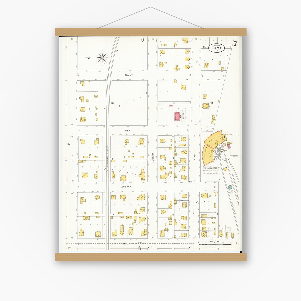 Old map wall art mockup — magnetic wood frame on white wall — Sanborn Fire Insurance Map from Tama, Tama County, Iowa (1906), Sheet #0007