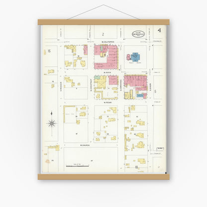 Old map wall art mockup — magnetic wood frame on white wall — Sanborn Fire Insurance Map from Gainesville, Cooke County, Texas (1908), Sheet #0004