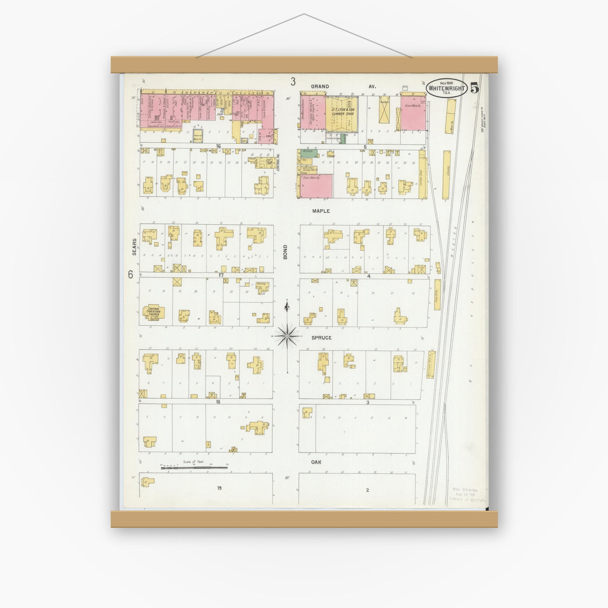 Old map wall art mockup — magnetic wood frame on white wall — Sanborn Fire Insurance Map from Whitewright, Grayson County, Texas (1900), Sheet #0005