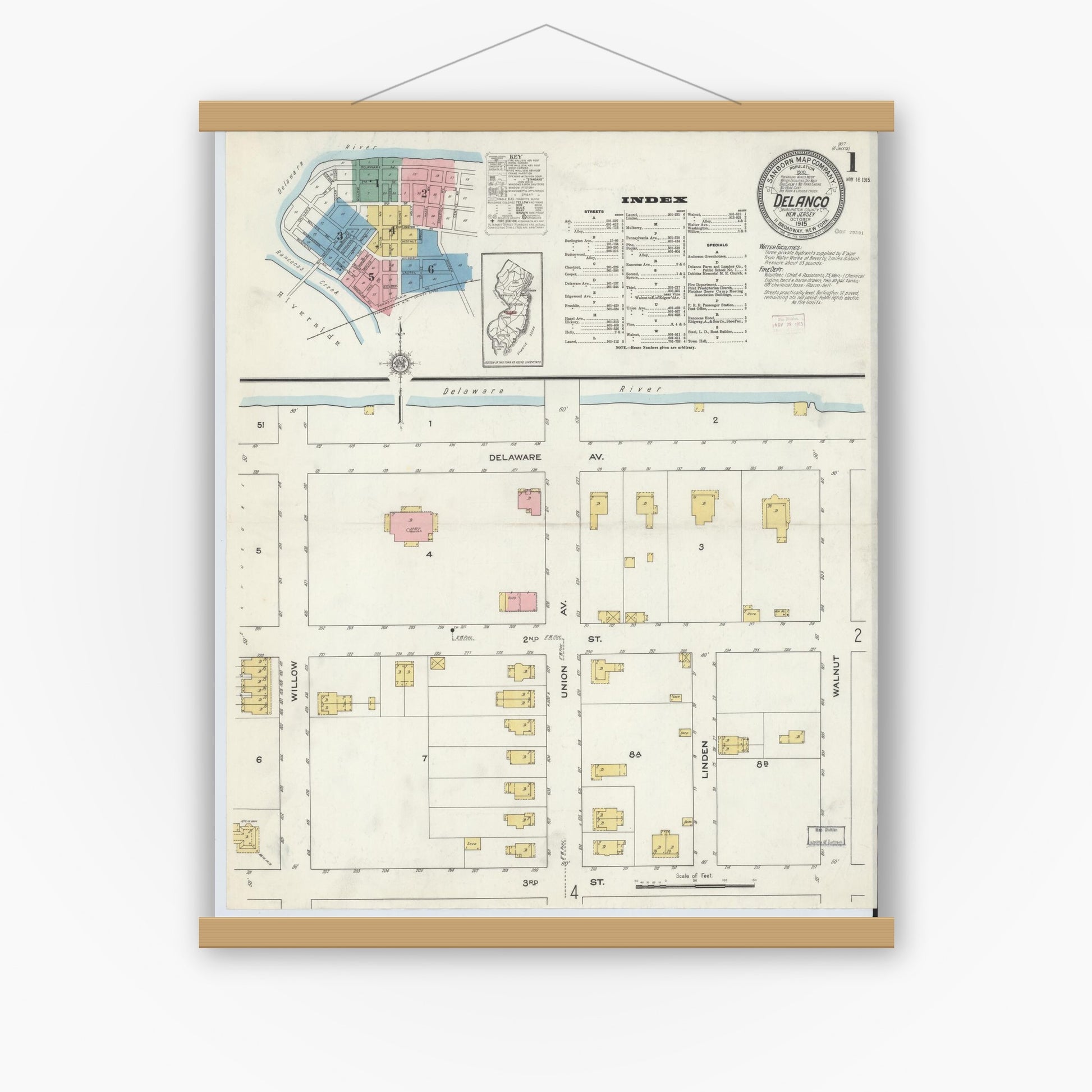 Old map wall art mockup — magnetic wood frame on white wall — Sanborn Fire Insurance Map from Delanco, Burlington County, New Jersey (1915), Sheet #0001