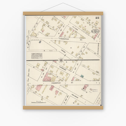 Old map wall art mockup — magnetic wood frame on white wall — Sanborn Fire Insurance Map from Saint Joseph, Buchanan County, Missouri (1883), Sheet #0022