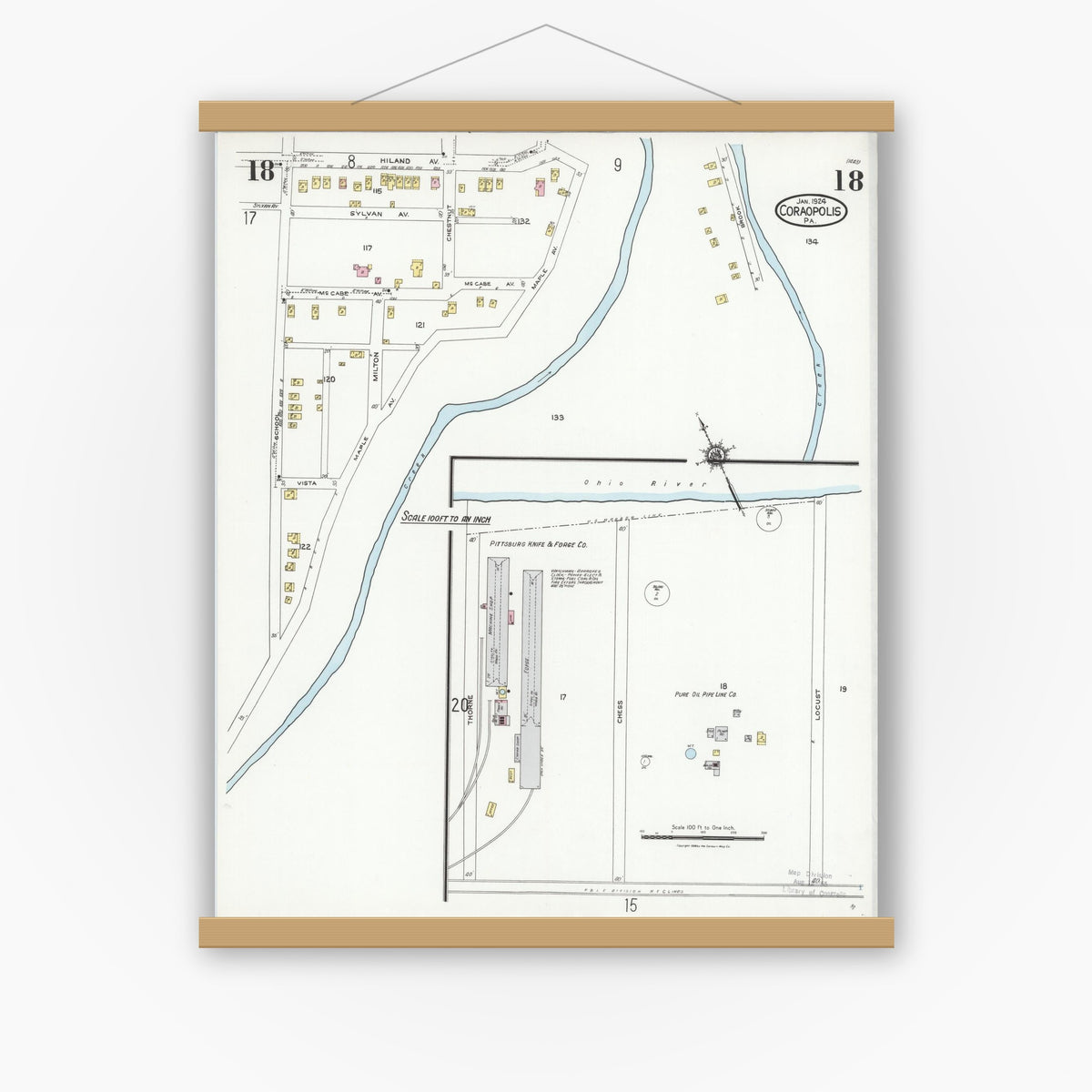 Old map wall art mockup — magnetic wood frame on white wall — Sanborn Fire Insurance Map from Coraopolis, Allegheny County, Pennsylvania (1924), Sheet #0018