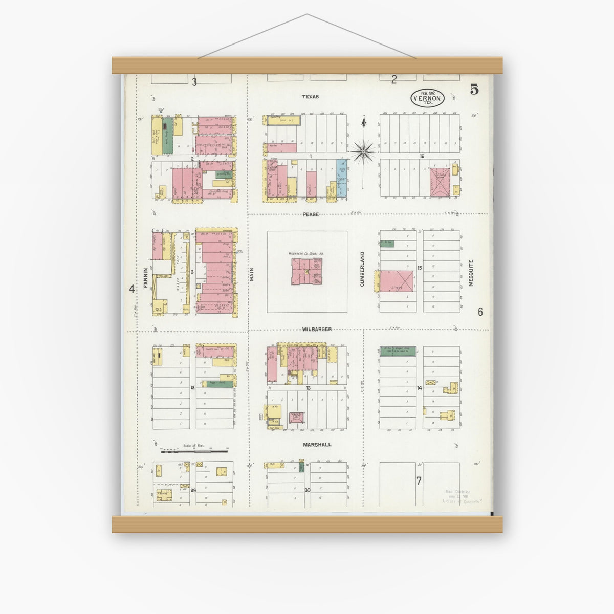Old map wall art mockup — magnetic wood frame on white wall — Sanborn Fire Insurance Map from Vernon, Wilbarger County, Texas (1902), Sheet #0005