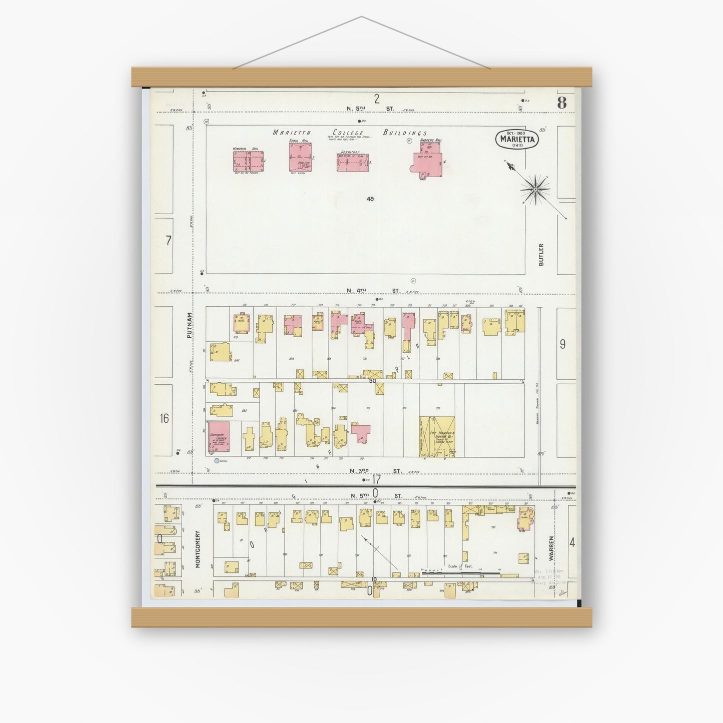 Old map wall art mockup — magnetic wood frame on white wall — Sanborn Fire Insurance Map from Marietta, Washington County, Ohio (1900), Sheet #0008