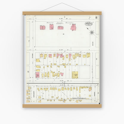 Old map wall art mockup — magnetic wood frame on white wall — Sanborn Fire Insurance Map from Marietta, Washington County, Ohio (1900), Sheet #0008