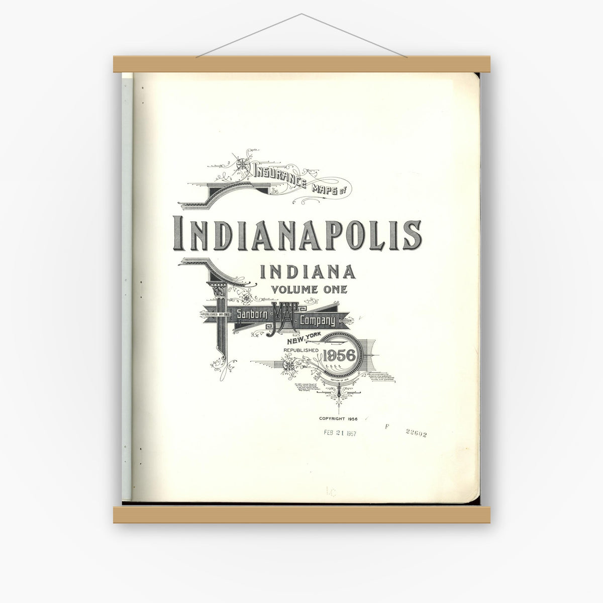 Old map wall art mockup — magnetic wood frame on white wall — Sanborn Fire Insurance Map from Indianapolis, Marion County, Indiana (1956), Sheet #0001