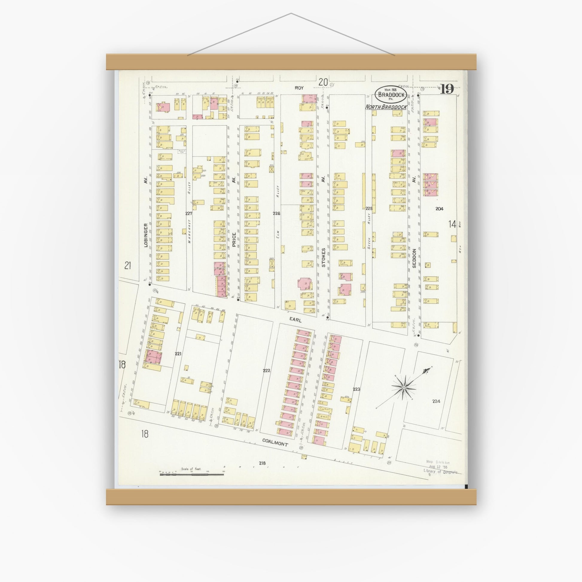 Old map wall art mockup — magnetic wood frame on white wall — Sanborn Fire Insurance Map from Braddock, Allegheny County, Pennsylvania (1908), Sheet #0019