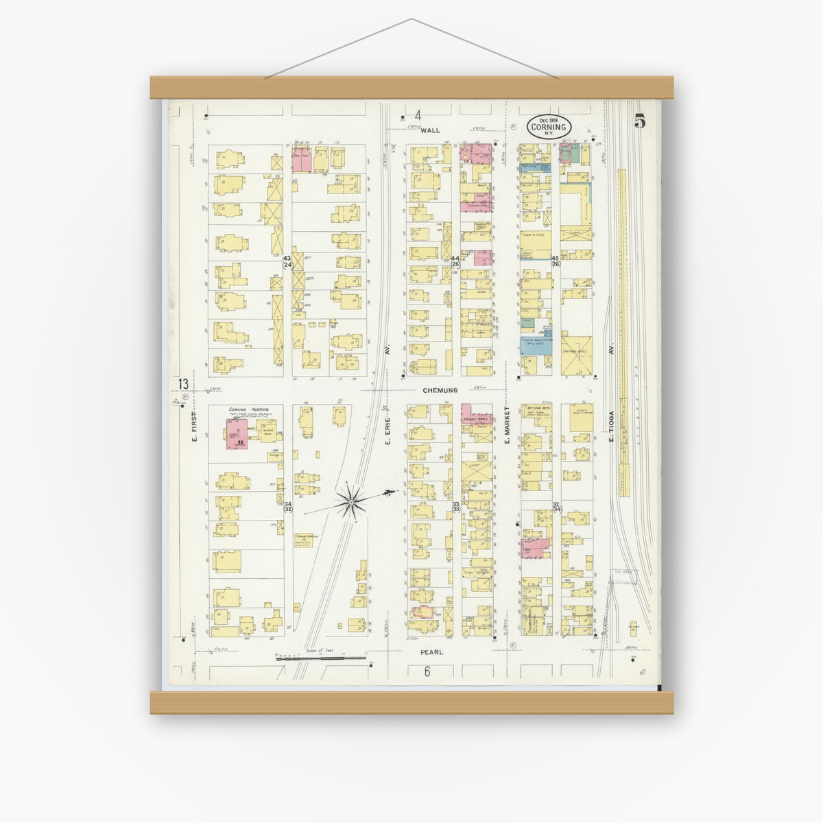 Old map wall art mockup — magnetic wood frame on white wall — Sanborn Fire Insurance Map from Corning, Steuben County, New York (1908), Sheet #0005