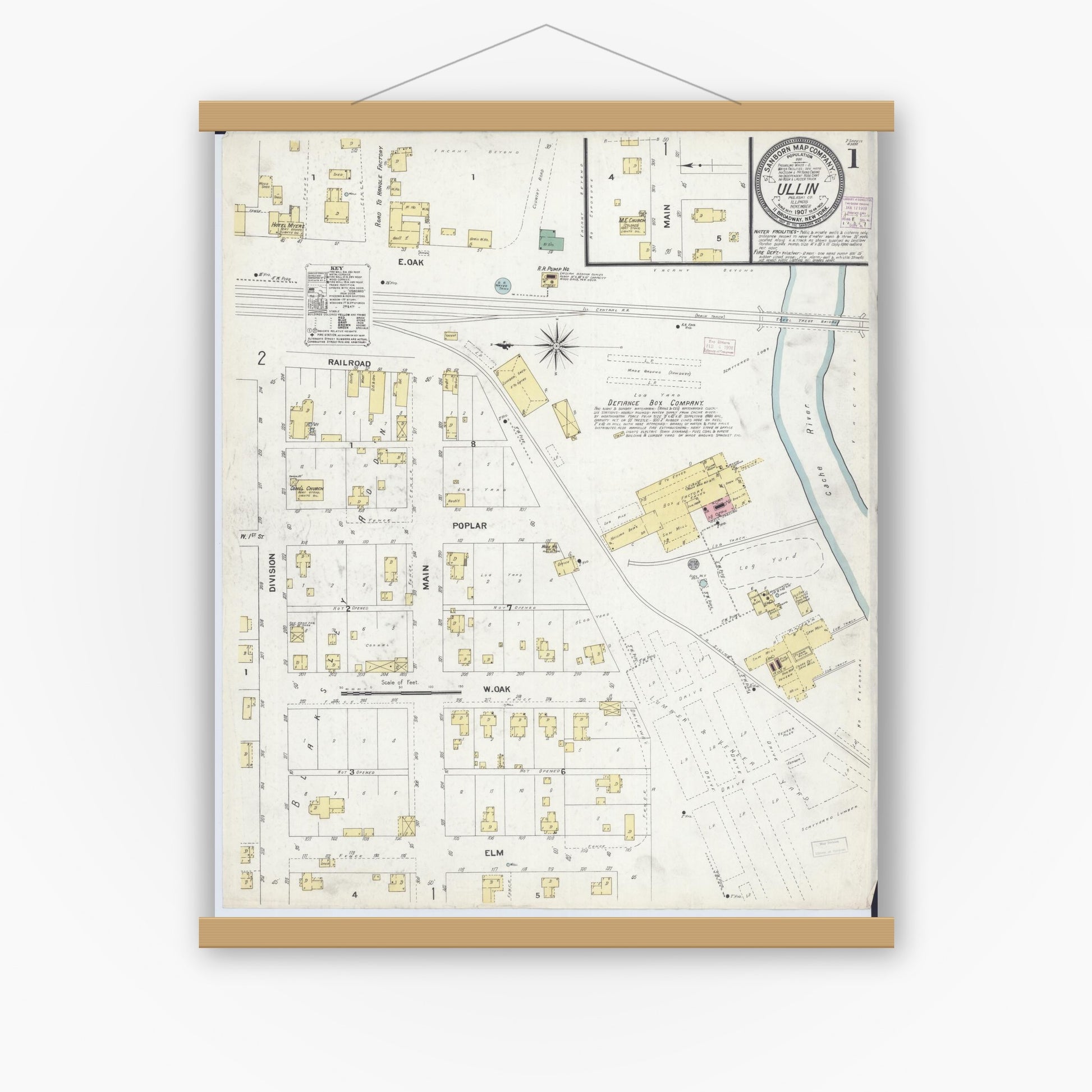 Old map wall art mockup — magnetic wood frame on white wall — Sanborn Fire Insurance Map from Ullin, Pulaski County, Illinois (1907) - Complete Map Set