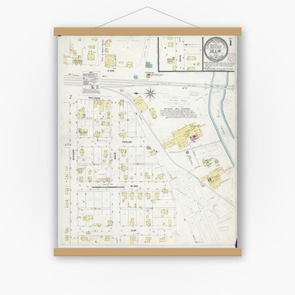 Old map wall art mockup — magnetic wood frame on white wall — Sanborn Fire Insurance Map from Ullin, Pulaski County, Illinois (1907) - Complete Map Set