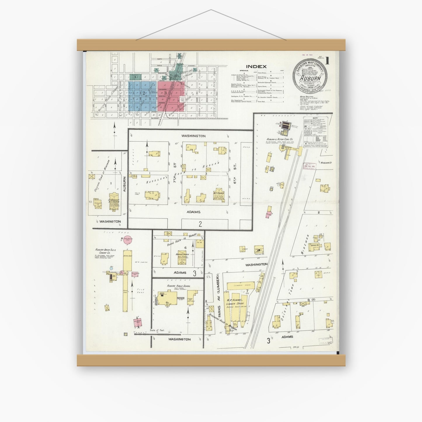 Old map wall art mockup — magnetic wood frame on white wall — Sanborn Fire Insurance Map from Auburn, Sangamon County, Illinois (1909) - Complete Map Set