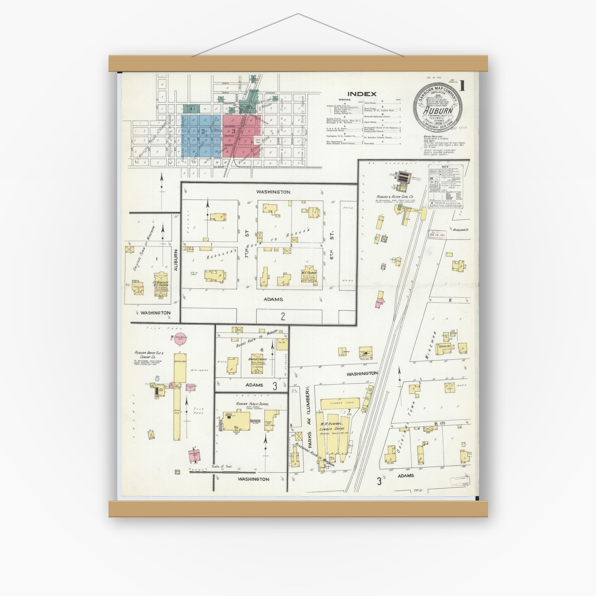 Old map wall art mockup — magnetic wood frame on white wall — Sanborn Fire Insurance Map from Auburn, Sangamon County, Illinois (1909) - Complete Map Set