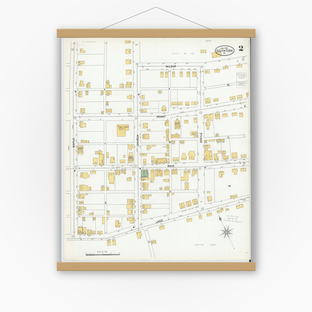Old map wall art mockup — magnetic wood frame on white wall — Sanborn Fire Insurance Map from South Fork, Cambria County, Pennsylvania (1900), Sheet #0002