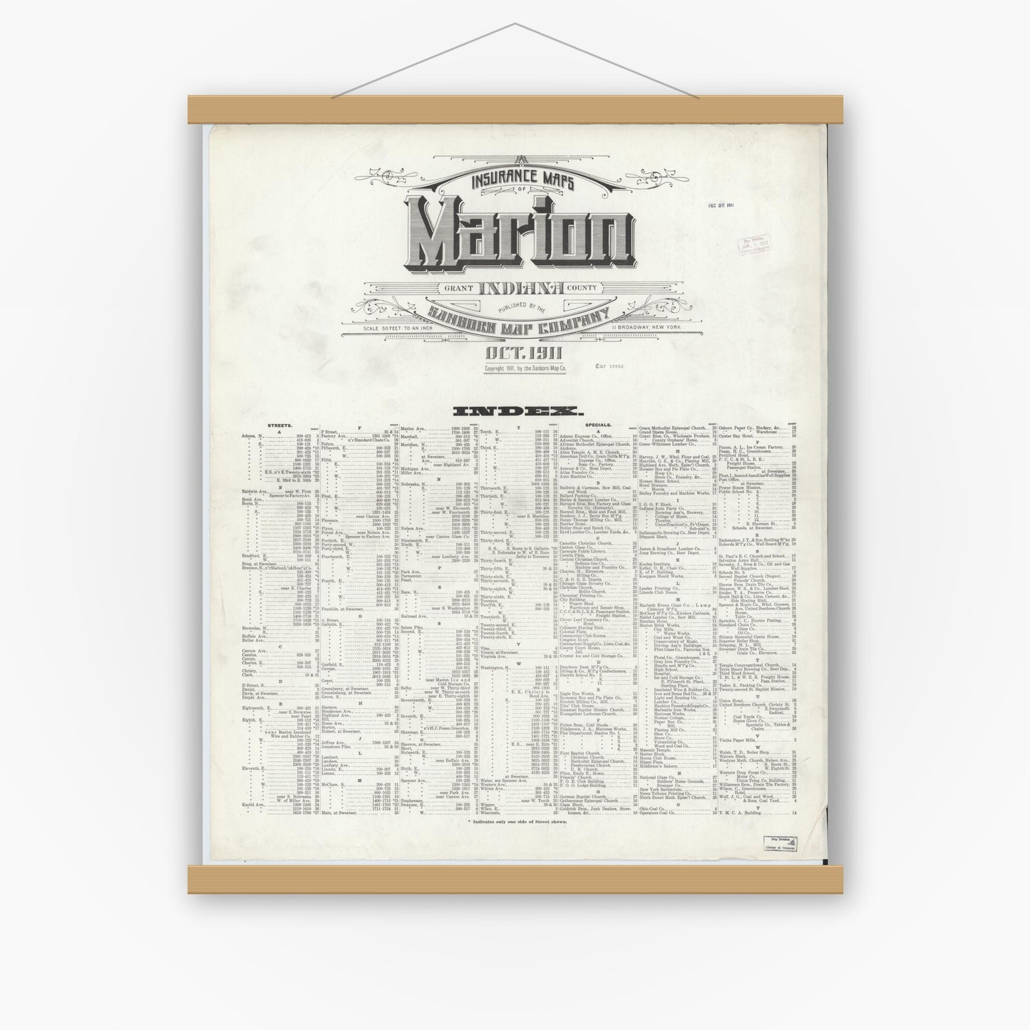 Old map wall art mockup — magnetic wood frame on white wall — Sanborn Fire Insurance Map from Marion, Grant County, Indiana (1911), Sheet #0001